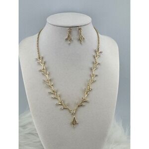 Gold Plated Vine Crystal Necklace and Earrings Set Bridal Floral Jewelry
